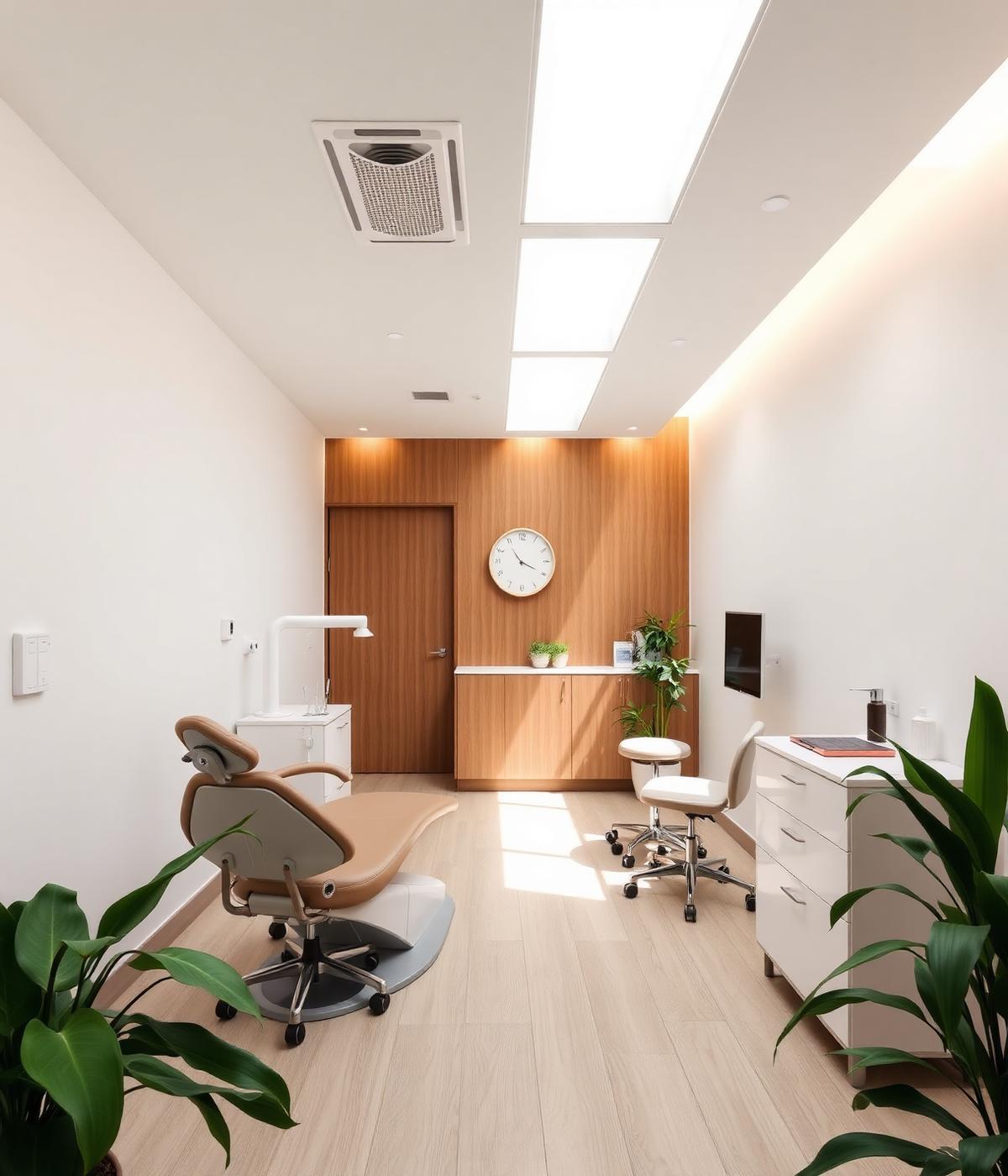Consultorio dental moderno con luz natural, acabados en madera y plantas
