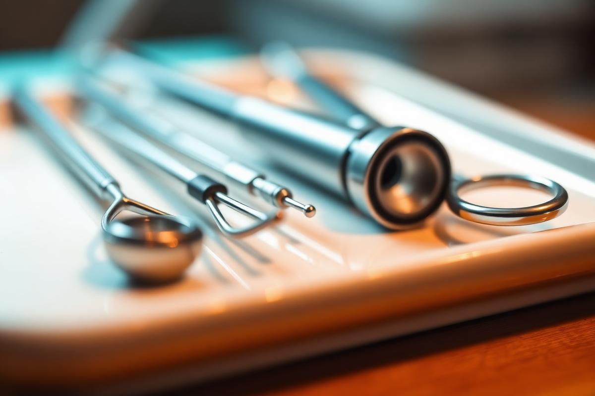 Instrumentos dentales de alta precisión sobre una bandeja de cerámica